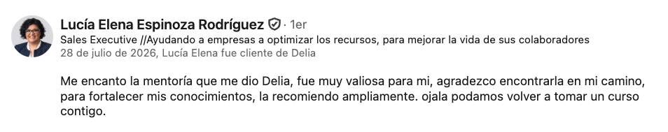 Recomendación real publicada en LinkedIn sobre Delia Malta